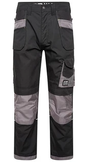JCB Trade Plus Rip Stop Mens Multi-Pocket Cargo Work Trade Trousers - Regular Leg, black and gray work trousers with multiple cargo and utility pockets, reinforced knee panels, and durable rip-stop fabric.