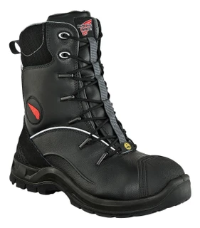 Red Wing Shoes Red Wing 3207 Petroking Mens Tall Zip Up Waterproof Safety Ankle Boots, a black waterproof safety boot with laces and a zipper for secure fit, featuring reinforced toe cap and slip-resistant sole.