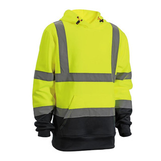 Scruffs High Visibility Mens Hi-Viz Work Pull Over Hoodie, bright yellow hoodie with reflective safety strips for high visibility in work environments.