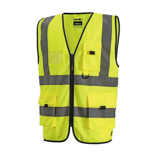 Scruffs High Visibility Mens Hi-Viz Technical Zip Up Vest, bright yellow safety vest with reflective grey stripes and multiple pockets.