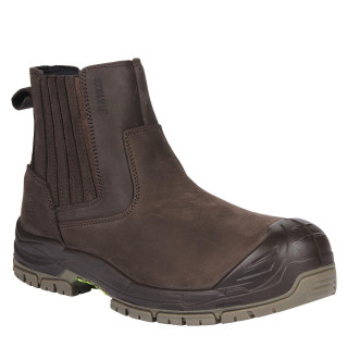 Apache APACHE Wabana Mens Pull On Safety Work Composite Toe S3 Dealer Boots, sturdy brown leather work boots with slip-on design, rubber toe cap, and rugged outsole for safety and durability.
