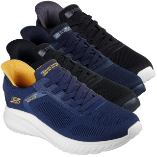 Skechers Bobs Squad Chaos Solid Step Mens Slip-Ins Casual Trainers, three pairs of men's slip-on sneakers in black, navy blue, and royal blue with white soles and cushioned interiors.