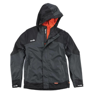 Scruffs Tech Mens Zip Up Work Warm Hooded Jacket Coat, black and gray with orange interior lining, featuring front zip pockets and a hood with adjustable drawstrings.