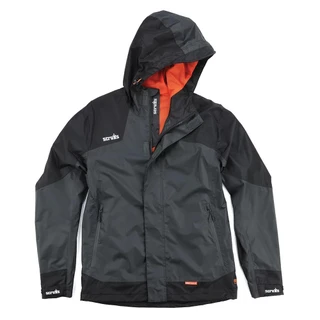 Scruffs Tech Mens Zip Up Work Warm Hooded Jacket Coat, Black and Gray with Orange Inner lining, featuring multiple pockets and a zip-up front for outdoor workwear.