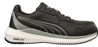 PUMA Safety PUMA Zoom S3S Low Men's Composite Toe/Midsole S1P Safety Work Trainers, black and grey work shoes with safety features for industrial use.