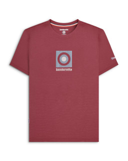 Lambretta Mens Target Box Smart Classic Retro T-Shirt, red crew neck T-shirt with Lambretta logo and branding graphic on front and sleeve, casual men's fashion.