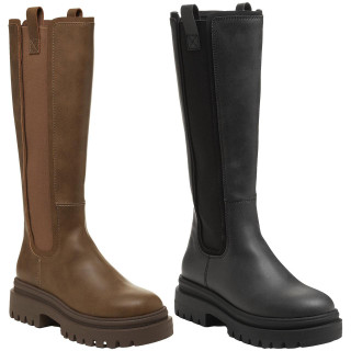 Rocket Dog Drea Womens Tall Knee High Full Zip Up Wedge Boots, pair of stylish knee-high boots in brown and black with chunky soles and full zipper design.