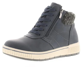 Natrelle Giselle Womens Zip Up Boots Ankle Boots, navy blue leather ankle boots with a side zipper and a fur lining at the collar.