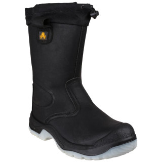 Amblers Safety Amblers FS209 Mens Water Resistant S3 Pull On Safety Rigger Boot, black waterproof safety boot with slip-resistant sole and protective toe cap.