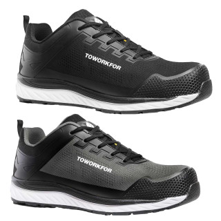 TOWORKFOR Super Set Mens/Womens Composite S1P Safety Trainers, black and gray breathable safety shoes with slip-resistant soles for work safety.