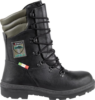 Cofra Chain Bole Mens Composite Toe Midsole Safety Work Boots, black leather work boots with steel eyelets, level 2 safety badge, and durable rubber sole.