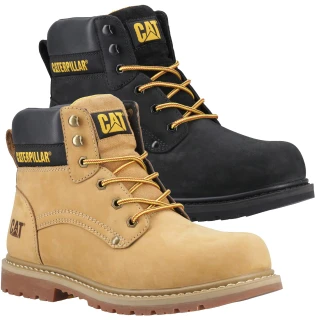 Caterpillar Granite Mens SB Safety Classic Steel Toe Work Boots, pair of black and tan safety work boots with steel toe and rugged sole, designed for durability and protection.