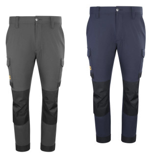 JCB Mens 4-Way Stretch Cargo Work Trade Trousers - 31/33 Leg, pair of durable navy and grey work trousers with multiple cargo pockets and reinforced knee areas for heavy-duty trades and construction work.