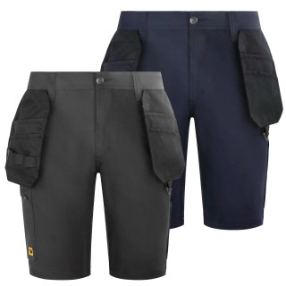 JCB 4-Way Stretch Mens Premium Holster Cargo Work Trade Shorts, image showing two pairs of navy and black shorts with multiple cargo and holster pockets.