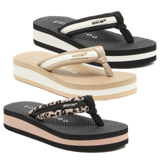 Rocket Dog Monica Womens Casual Flip Flop Slide-On Platform Sandals, set of three pairs in black, beige, and leopard print with cushioned footbed and stylish straps.