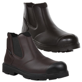 Regatta Professional Mens Dealer Pull On S3 Waterproof Safety Boots, black and dark brown steel toe safety boots with slip-resistant soles.