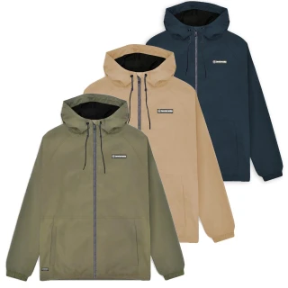 Lambretta Mens Ripstop Hooded Classic Jacket Coat, three color options in beige, navy, and olive green, featuring a zipper closure, adjustable hood, and front pocket design.