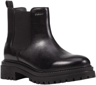 Geox GEOX D Iridea B Womens Ankle Pull On Chelsea Ankle Boots, black leather ankle boots with elastic side panels and chunky tread sole.