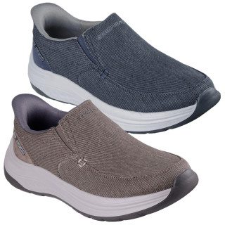 Skechers Decklan Gulliver Mens Slip-Ins Casual Trainers, pair of lightweight slip-on sneakers in blue and beige with cushioned white soles.