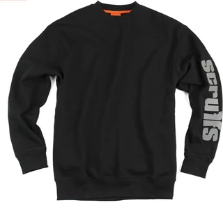 Scruffs Fintry Mens Pull Over Classic Sweatshirt, black sweatshirt with grey 'SCRUFFS' text on the right sleeve and small logo on the chest.
