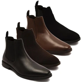 Thomas Crick Griffin Mens Classic Leather Dealer Chelsea Ankle Boots, set of three color options in black, brown, and dark brown leather, featuring sleek design and elastic side panels for easy slip-on wear.