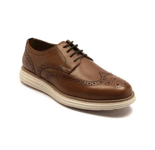 Thomas Crick Harrington Mens Smart Brogue Leather Lace Up Shoes, stylish brown leather dress shoes with perforated detailing and white rubber sole.
