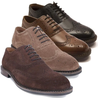 Thomas Crick Waldew Mens Lace Up Brogue Casual Leather Smart Shoes, set of four men's dress shoes in black, brown, light brown suede, and dark brown suede with detailed brogue patterns and lace-up design.