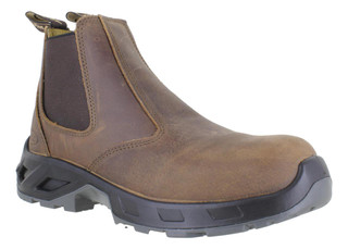 ARMA A31 Pioneer Mens Safety Composite Toe/Midsole Work Dealer Boots, brown leather work boots with black sole and elastic side panels for safety and durability.