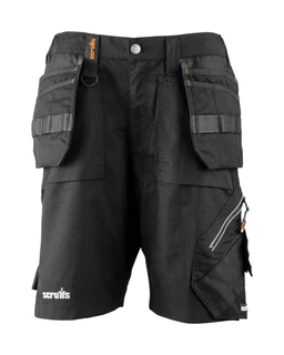 Scruffs Trade Flex Womens Work Cargo Multi Pocket Holster Shorts, black work shorts with multiple pockets and a holster design for tool storage.