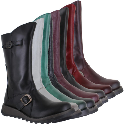 Fly London Mes 2 Womens Wedge Heel Leather Buckle Mid-Calf Boots