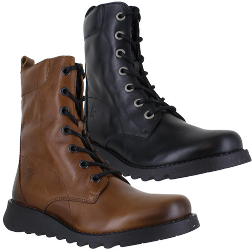 Fly London SILF Womens Zip-Up Lace Wedge Leather Mid Calf Boots