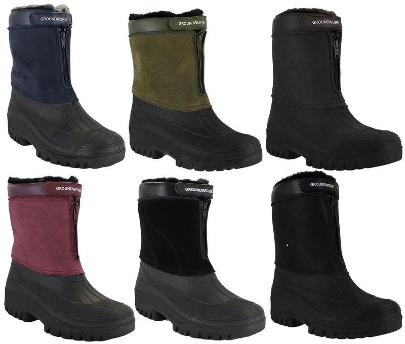 GroundWork Women's Mucker Stable Yard Winter Snow Zip Up/Touch Fasten Boots Wellies, six pairs of waterproof winter boots in various colors including navy, green, black, burgundy, and grey, featuring zip closure and slip-resistant soles.