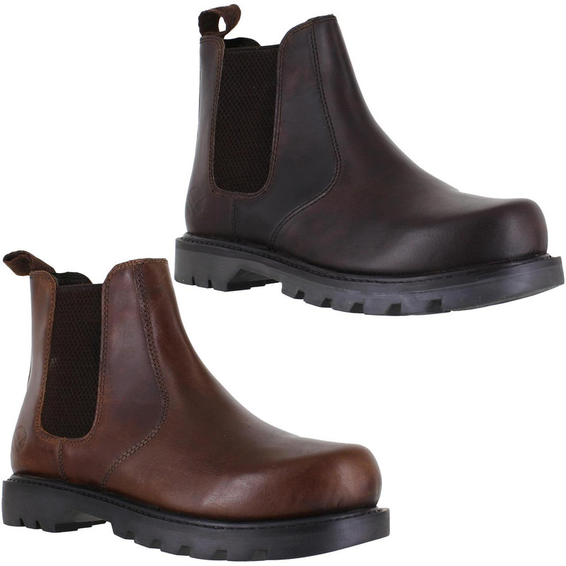 OakTrak Rocksley Mens Leather Dealer Pull On Chelsea Boots, showcasing two pairs of rugged, stylish leather pull-on derby shoes in dark brown and medium brown colors with elastic side panels and durable rubber soles.
