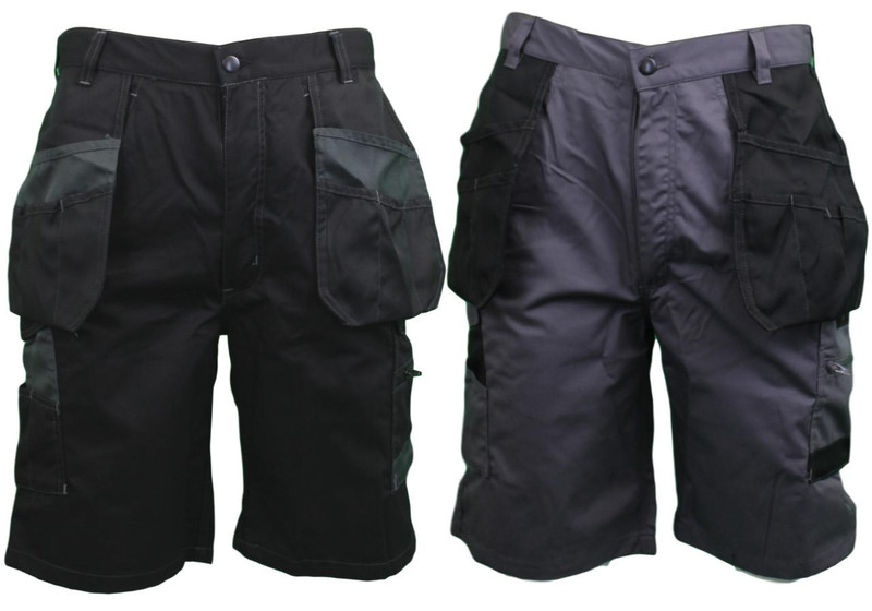 Himalayan Mens Multi-Pocket Work Trade Cargo Pockets Shorts, pair of black cargo shorts with multiple pockets and durable fabric for work and outdoor activities.