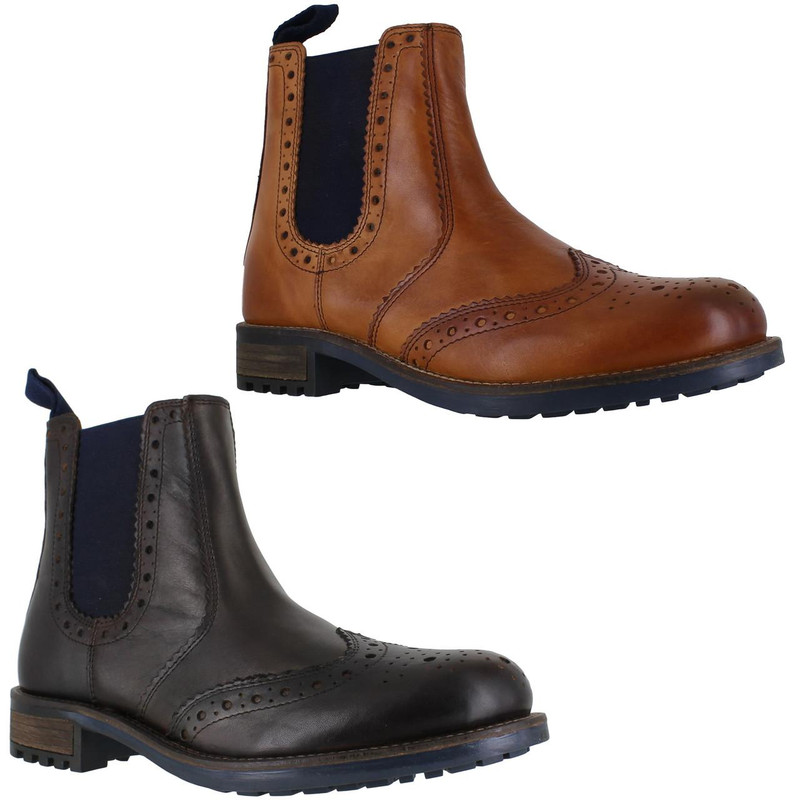 Catesby Mens Pull On Ankle Dealer Chelsea Brogue Wingtip Boots, leather ankle boots with brogue detailing in tan and black, slip-on style with elastic side panels and sturdy sole.
