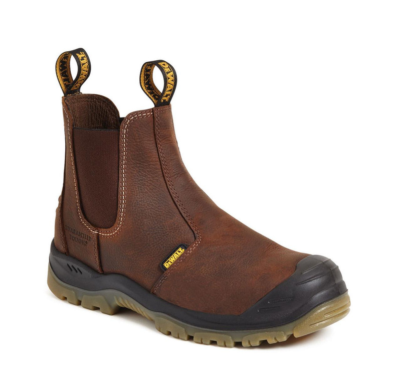 DeWalt Nitrogen Men's S3 Dealer Pull On Ankle Steel Toe Boots, brown leather work boots with slip-on style and black rubber toe cap for safety.