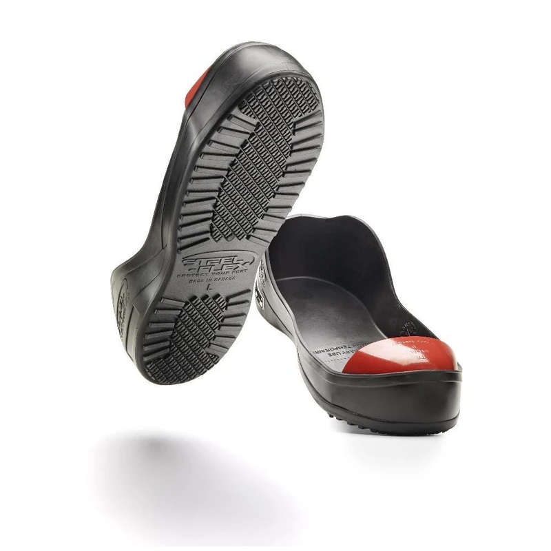 STLFLX SteelFlex ToeGUARDZ Mens/Womens Safety Toe Cap Temp Visitor Overshoes Work Shoes, image of black rubber safety overshoes with steel toe caps and red accents, designed for workplace safety.