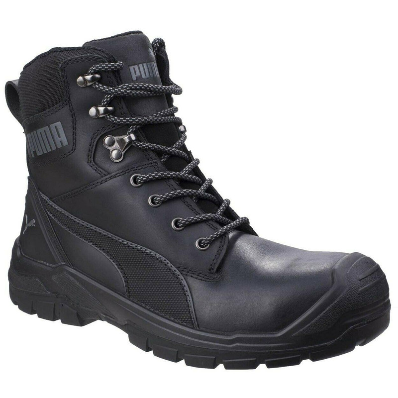 PUMA Safety Puma Conquest Mens S3 WaterProof Side Zip Composite Metal-Free Work Safety Boots, black work boots with waterproof leather and side zipper for industrial safety.