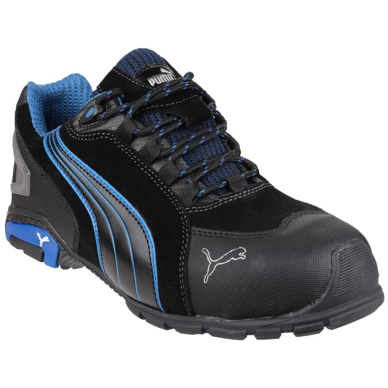 PUMA Safety PUMA Rio Low Mens Safety Steel Toe/Midsole S3 Work Trainers, black and blue safety footwear with reinforced toe cap and midsole for industrial protection.