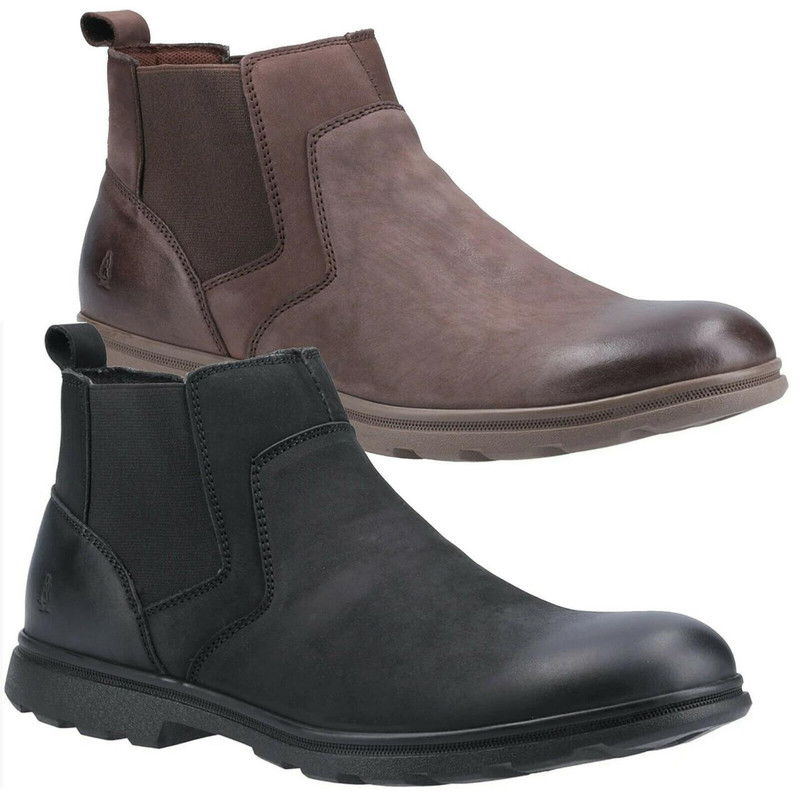 Hush Puppies Tyrone Mens Leather Smart Casual Dealer Chelsea Boots, brown and black leather ankle boots with elastic side panels and pull tabs for easy wear.