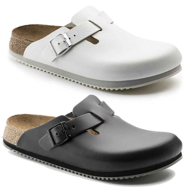 Birkenstock Boston BS Super Grip Mens Work Nurse Kitchen Shoes - Regular Width, two pairs of slip-on clogs with adjustable straps, one white and one black, featuring cork footbeds and slip-resistant soles for professional healthcare and kitchen work.