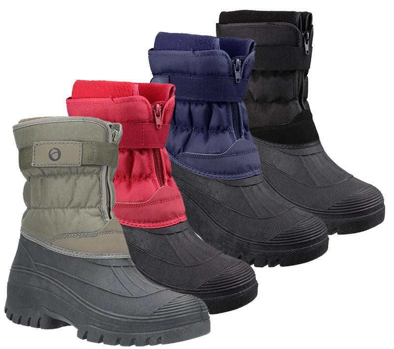 Cotswold Chase Mens Stable Yard Winter Snow Zip Boots Wellies, four pairs of waterproof winter boots in beige, red, navy, and black colors with zip closures and durable rubber soles.