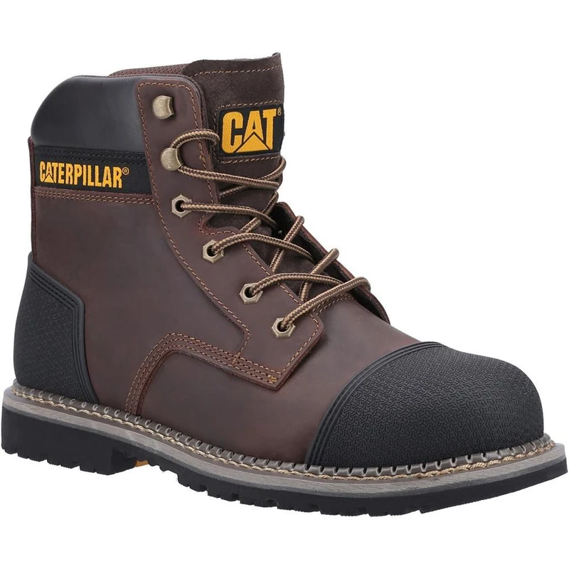 Caterpillar PowerPlant Bump Cap Mens Steel Toe/Midsole S3 Safety Boots, sturdy brown work boot with black toe cap, yellow CAT logo, and rugged sole for industrial safety.