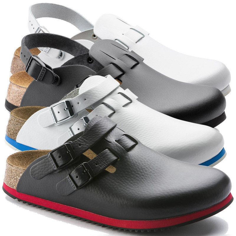 Birkenstock Kay Super Grip Mens SRA Work Kitchen Garden Shoes - Regular Width, collection of safety and ergonomic shoes with adjustable straps in black, white, grey, and brown colors, designed for work and gardening with slip-resistant soles.