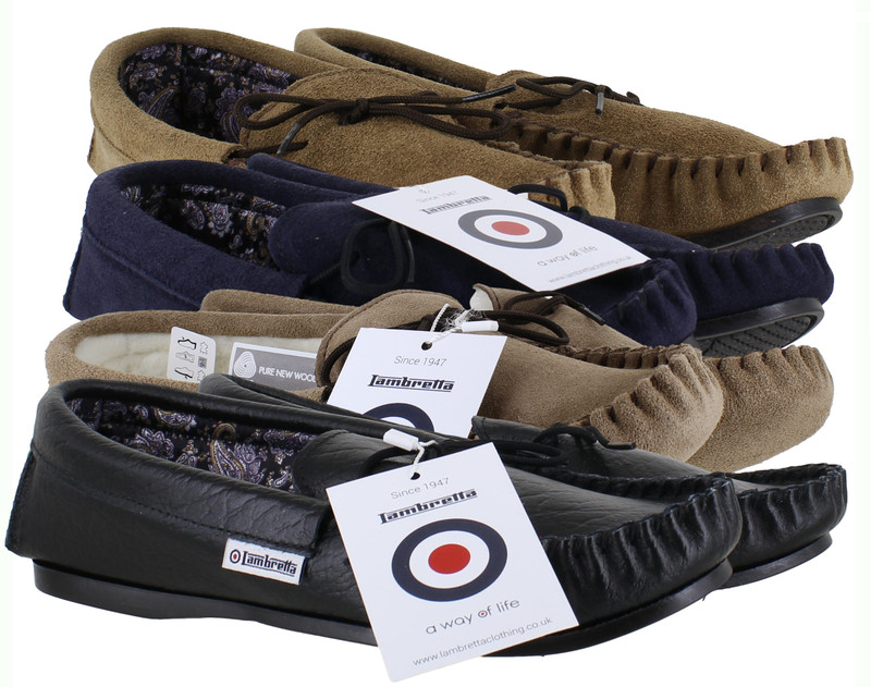 Lambretta Mens British Hand Made Leather Paisley Lined Moccasin Slippers