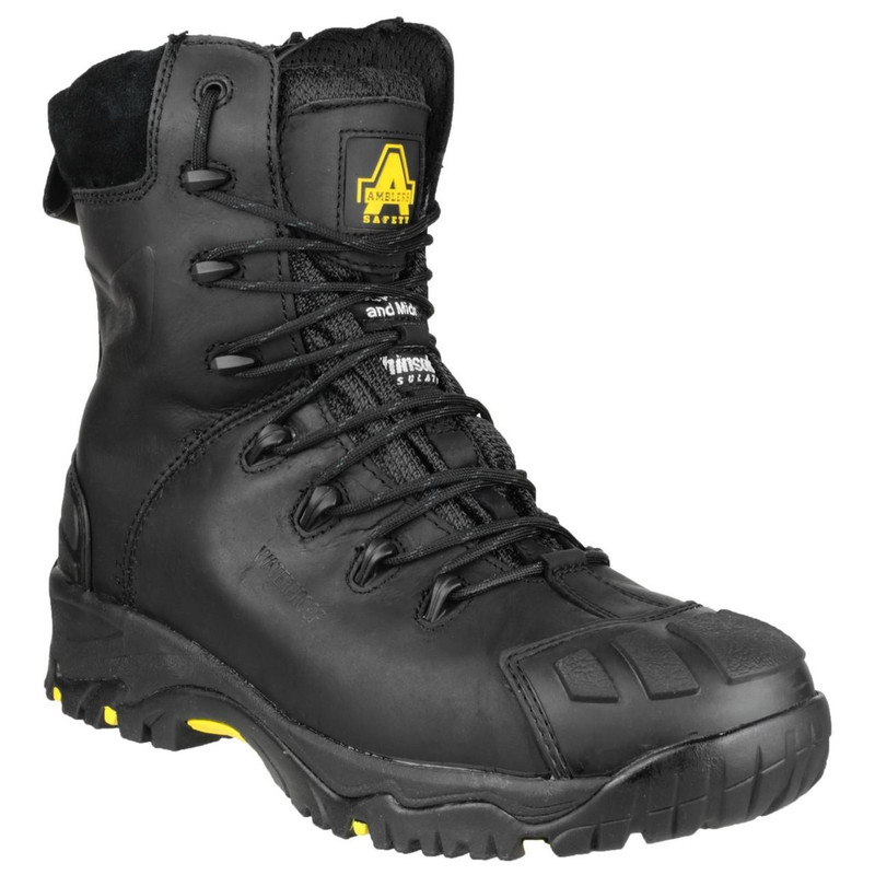 Amblers Safety Amblers FS999 Mens Safety Side Zip Composite Toe/Midsole S3 Work Boots, black safety work boots with side zipper, durable leather upper, rugged outsole, and protective toe and midsole features.