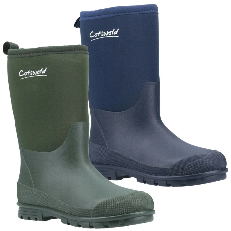 Cotswold Hilly Boys Girls Infants/Junior Neoprene Wellington Boots, waterproof rubber boots for children in green and navy blue with cushioned soles and adjustable height.