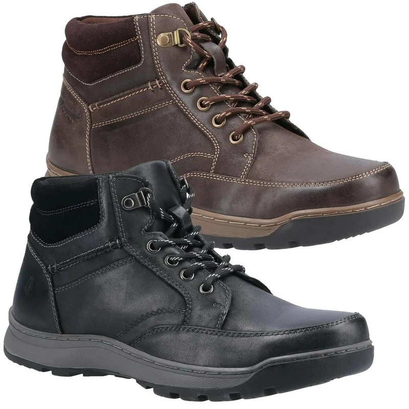 Hush Puppies Grover Mens Leather Smart Casual Chukka Ankle Boots, pair of stylish men's leather ankle boots in brown and black with laces and durable soles.