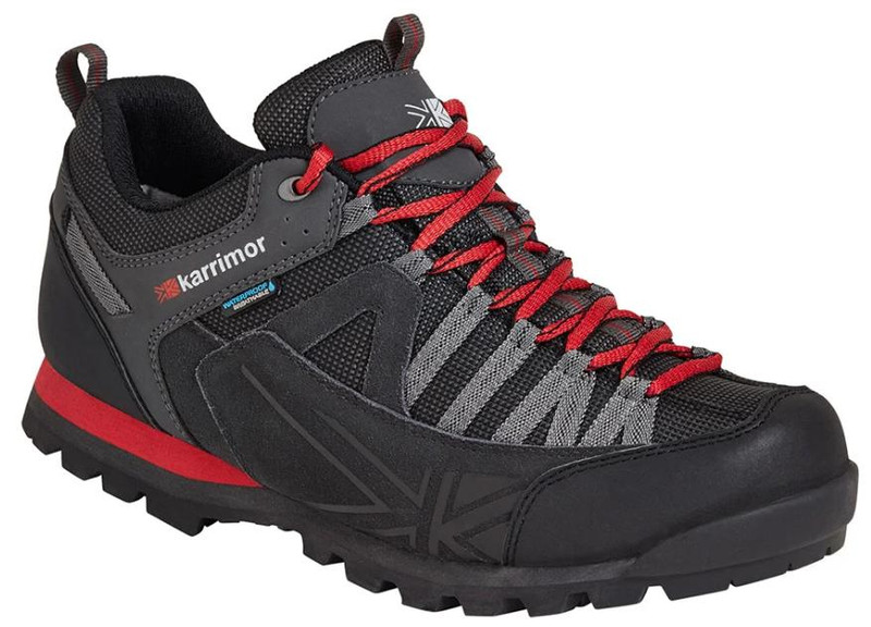 Karrimor Spike Low 3 Mens MultiSport Walking Trail Hiking Trainers, close-up view showing black, red, and gray design with durable sole and padded ankle support.