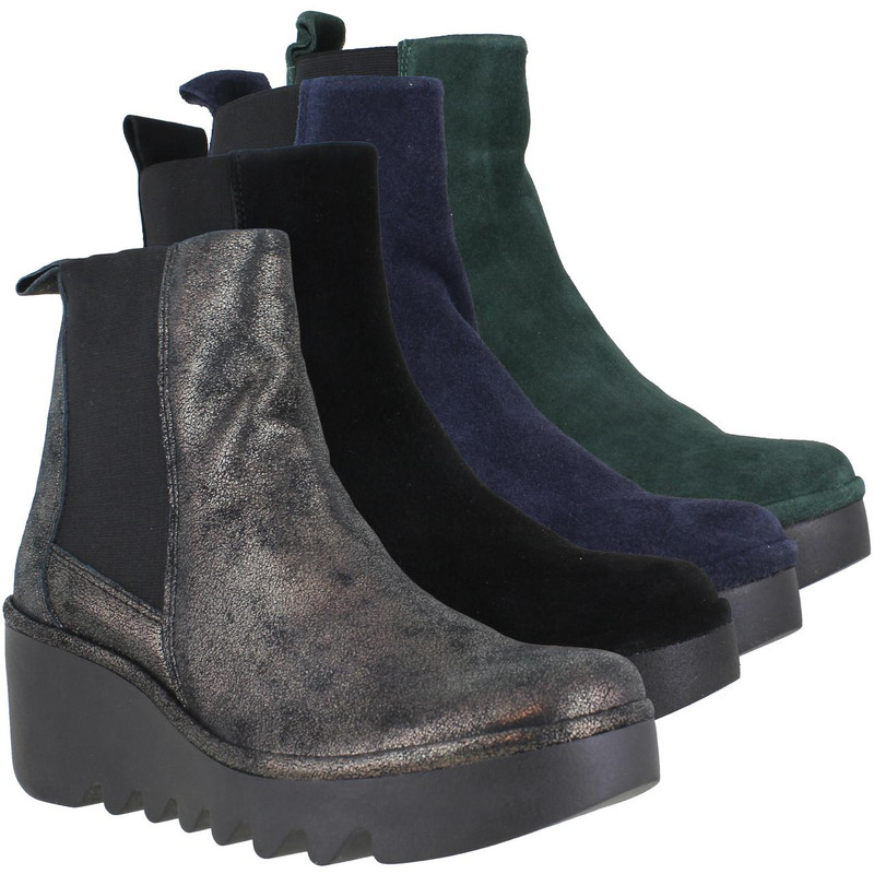 Fly London Bagu Women's Classic Wedge Heeled Pull-On Ankle Boots, fashion-forward ankle boots in metallic, black, navy, and green suede finishes with wedge heels.